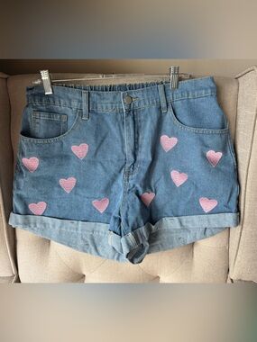 Women’s Denim Shorts with Pink Heart Embroidery - size XL